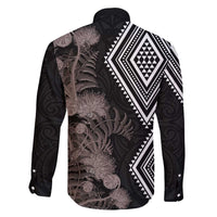 Aotearoa Tukutuku Motif Family Matching Off The Shoulder Long Sleeve Dress and Hawaiian Shirt Pohutukawa and Fern Leaves Grayscale Color LT03 - Polynesian Pride