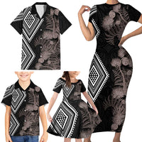 Aotearoa Tukutuku Motif Family Matching Short Sleeve Bodycon Dress and Hawaiian Shirt Pohutukawa and Fern Leaves Grayscale Color LT03 - Polynesian Pride