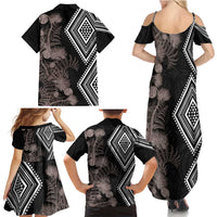 Aotearoa Tukutuku Motif Family Matching Summer Maxi Dress and Hawaiian Shirt Pohutukawa and Fern Leaves Grayscale Color LT03 - Polynesian Pride