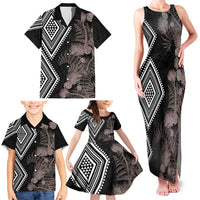 Aotearoa Tukutuku Motif Family Matching Tank Maxi Dress and Hawaiian Shirt Pohutukawa and Fern Leaves Grayscale Color LT03 - Polynesian Pride