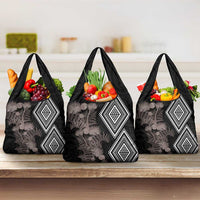 Aotearoa Tukutuku Motif Grocery Bag Pohutukawa and Fern Leaves Grayscale Color LT03 3-pack One Size Black - Polynesian Pride