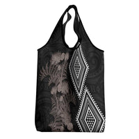 Aotearoa Tukutuku Motif Grocery Bag Pohutukawa and Fern Leaves Grayscale Color LT03 - Polynesian Pride