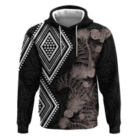 Aotearoa Tukutuku Motif Hoodie Pohutukawa and Fern Leaves Grayscale Color LT03 Pullover Hoodie Black - Polynesian Pride
