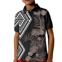 Aotearoa Tukutuku Motif Kid Polo Shirt Pohutukawa and Fern Leaves Grayscale Color LT03 Kid Black - Polynesian Pride