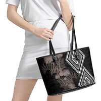 Aotearoa Tukutuku Motif Leather Tote Bag Pohutukawa and Fern Leaves Grayscale Color LT03 - Polynesian Pride