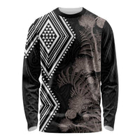 Aotearoa Tukutuku Motif Long Sleeve Shirt Pohutukawa and Fern Leaves Grayscale Color LT03 Unisex Black - Polynesian Pride