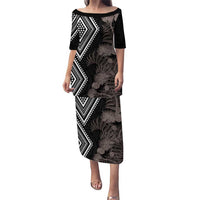 Aotearoa Tukutuku Motif Puletasi Pohutukawa and Fern Leaves Grayscale Color LT03 Long Dress Black - Polynesian Pride