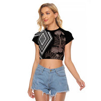 Aotearoa Tukutuku Motif Raglan Cropped T Shirt Pohutukawa and Fern Leaves Grayscale Color LT03 Female Black - Polynesian Pride