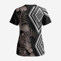 Aotearoa Tukutuku Motif Scrub Top Pohutukawa and Fern Leaves Grayscale Color LT03 - Polynesian Pride