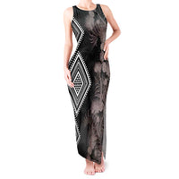 Aotearoa Tukutuku Motif Tank Maxi Dress Pohutukawa and Fern Leaves Grayscale Color LT03 Women Black - Polynesian Pride
