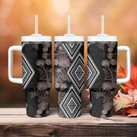 Aotearoa Tukutuku Motif Tumbler With Handle Pohutukawa and Fern Leaves Grayscale Color LT03 - Polynesian Pride