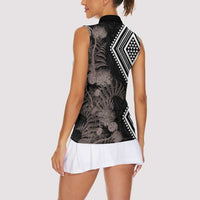 Aotearoa Tukutuku Motif Women Sleeveless Polo Shirt Pohutukawa and Fern Leaves Grayscale Color LT03 - Polynesian Pride