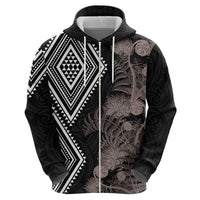 Aotearoa Tukutuku Motif Zip Hoodie Pohutukawa and Fern Leaves Grayscale Color LT03 - Polynesian Pride