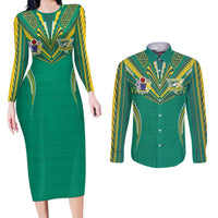 Custom Cook Islands Rugby Couples Matching Long Sleeve Bodycon Dress and Long Sleeve Button Shirt Tatau Art Sport Style Green Color LT03 Green - Polynesian Pride