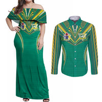 Custom Cook Islands Rugby Couples Matching Off Shoulder Maxi Dress and Long Sleeve Button Shirt Tatau Art Sport Style Green Color LT03 Green - Polynesian Pride