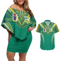 Custom Cook Islands Rugby Couples Matching Off Shoulder Short Dress and Hawaiian Shirt Tatau Art Sport Style Green Color LT03 Green - Polynesian Pride