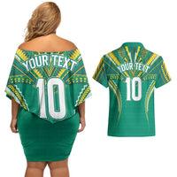Custom Cook Islands Rugby Couples Matching Off Shoulder Short Dress and Hawaiian Shirt Tatau Art Sport Style Green Color LT03 - Polynesian Pride