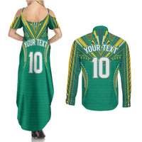 Custom Cook Islands Rugby Couples Matching Summer Maxi Dress and Long Sleeve Button Shirt Tatau Art Sport Style Green Color LT03 - Polynesian Pride
