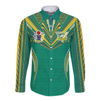 Custom Cook Islands Rugby Long Sleeve Button Shirt Tatau Art Sport Style Green Color