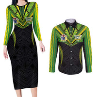 Custom Cook Islands Rugby Couples Matching Long Sleeve Bodycon Dress and Long Sleeve Button Shirt Tatau Art Sport Style Black Color LT03 Black - Polynesian Pride
