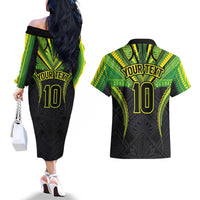 Custom Cook Islands Rugby Couples Matching Off The Shoulder Long Sleeve Dress and Hawaiian Shirt Tatau Art Sport Style Black Color LT03 - Polynesian Pride