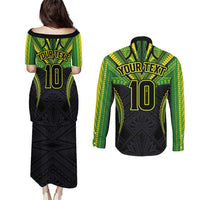 Custom Cook Islands Rugby Couples Matching Puletasi and Long Sleeve Button Shirt Tatau Art Sport Style Black Color LT03 - Polynesian Pride