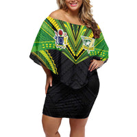 Custom Cook Islands Rugby Family Matching Off Shoulder Short Dress and Hawaiian Shirt Tatau Art Sport Style Black Color LT03 Mom's Dress Black - Polynesian Pride