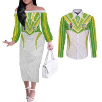 Custom Cook Islands Rugby Couples Matching Off The Shoulder Long Sleeve Dress and Long Sleeve Button Shirt Tatau Art Sport Style White Color LT03 White - Polynesian Pride