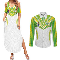 Custom Cook Islands Rugby Couples Matching Summer Maxi Dress and Long Sleeve Button Shirt Tatau Art Sport Style White Color LT03 White - Polynesian Pride