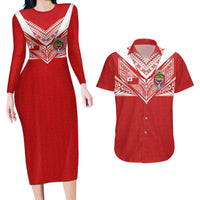 Custom Tonga Rugby Couples Matching Long Sleeve Bodycon Dress and Hawaiian Shirt Ngatu Motifs and Pacific Patterns