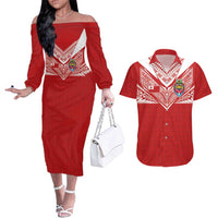 Custom Tonga Rugby Couples Matching Off The Shoulder Long Sleeve Dress and Hawaiian Shirt Ngatu Motifs and Pacific Patterns