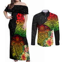 Polynesia Victory Day Couples Matching Off Shoulder Maxi Dress and Long Sleeve Button Shirt Tribal Turtle and Hibiscus LT03 Reggae - Polynesian Pride