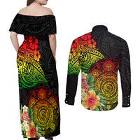 Polynesia Victory Day Couples Matching Off Shoulder Maxi Dress and Long Sleeve Button Shirt Tribal Turtle and Hibiscus LT03 - Polynesian Pride