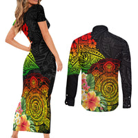 Polynesia Victory Day Couples Matching Short Sleeve Bodycon Dress and Long Sleeve Button Shirt Tribal Turtle and Hibiscus LT03 - Polynesian Pride