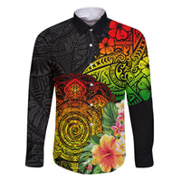Polynesia Victory Day Family Matching Off Shoulder Maxi Dress and Hawaiian Shirt Tribal Turtle and Hibiscus LT03 Dad's Shirt - Long Sleeve Reggae - Polynesian Pride