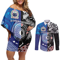 Samoa and Aotearoa Together Couples Matching Off Shoulder Short Dress and Long Sleeve Button Shirt Tatau Art Tattoos-Taniko and Maori with Fern LT03 Black - Polynesian Pride