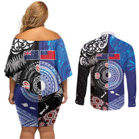 Samoa and Aotearoa Together Couples Matching Off Shoulder Short Dress and Long Sleeve Button Shirt Tatau Art Tattoos-Taniko and Maori with Fern LT03 - Polynesian Pride