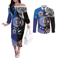Samoa and Aotearoa Together Couples Matching Off The Shoulder Long Sleeve Dress and Long Sleeve Button Shirt Tatau Art Tattoos-Taniko and Maori with Fern LT03 Black - Polynesian Pride
