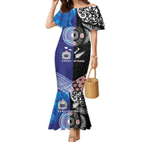 Samoa and Aotearoa Together Family Matching Mermaid Dress and Hawaiian Shirt Tatau Art Tattoos-Taniko and Maori with Fern LT03 Mom's Dress Black - Polynesian Pride