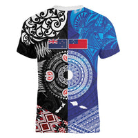 Samoa and Aotearoa Together Women V-Neck T-Shirt Tatau Art Tattoos-Taniko and Maori with Fern LT03 - Polynesian Pride