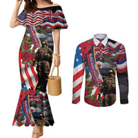 Hawaii and United States Memorial Day Couples Matching Mermaid Dress and Long Sleeve Button Shirt Honor and Remember The Fallen LT03 Blue - Polynesian Pride