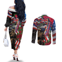 Hawaii and United States Memorial Day Couples Matching Off The Shoulder Long Sleeve Dress and Long Sleeve Button Shirt Honor and Remember The Fallen LT03 - Polynesian Pride