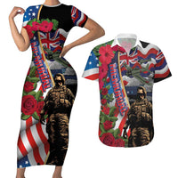 Hawaii and United States Memorial Day Couples Matching Short Sleeve Bodycon Dress and Hawaiian Shirt Honor and Remember The Fallen LT03 Blue - Polynesian Pride