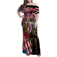 Hawaii and United States Memorial Day Family Matching Off Shoulder Maxi Dress and Hawaiian Shirt Honor and Remember The Fallen LT03 Mom's Dress Blue - Polynesian Pride