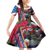 Hawaii and United States Memorial Day Family Matching Off Shoulder Short Dress and Hawaiian Shirt Honor and Remember The Fallen LT03 Daughter's Dress Blue - Polynesian Pride