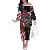 Hawaii and United States Memorial Day Off The Shoulder Long Sleeve Dress Honor and Remember The Fallen LT03 Women Blue - Polynesian Pride