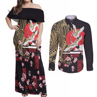 Japanese Culture and Hawaiian Tribal Couples Matching Off Shoulder Maxi Dress and Long Sleeve Button Shirt Sakura Blossom Tapa Pattern LT03 Black - Polynesian Pride