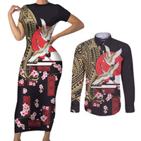 Japanese Culture and Hawaiian Tribal Couples Matching Short Sleeve Bodycon Dress and Long Sleeve Button Shirt Sakura Blossom Tapa Pattern LT03 Black - Polynesian Pride