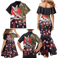 Japanese Culture and Hawaiian Tribal Family Matching Mermaid Dress and Hawaiian Shirt Sakura Blossom Tapa Pattern LT03 - Polynesian Pride