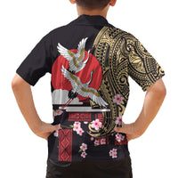 Japanese Culture and Hawaiian Tribal Family Matching Off The Shoulder Long Sleeve Dress and Hawaiian Shirt Sakura Blossom Tapa Pattern LT03 - Polynesian Pride